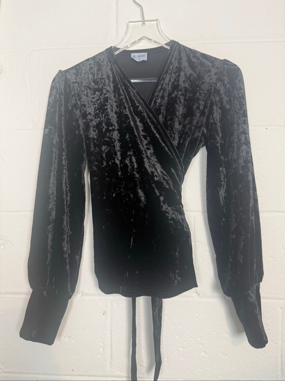 BLANK Black Crushed Velvet Wrap Top Long Sleeve Tie Waist Blouse Small